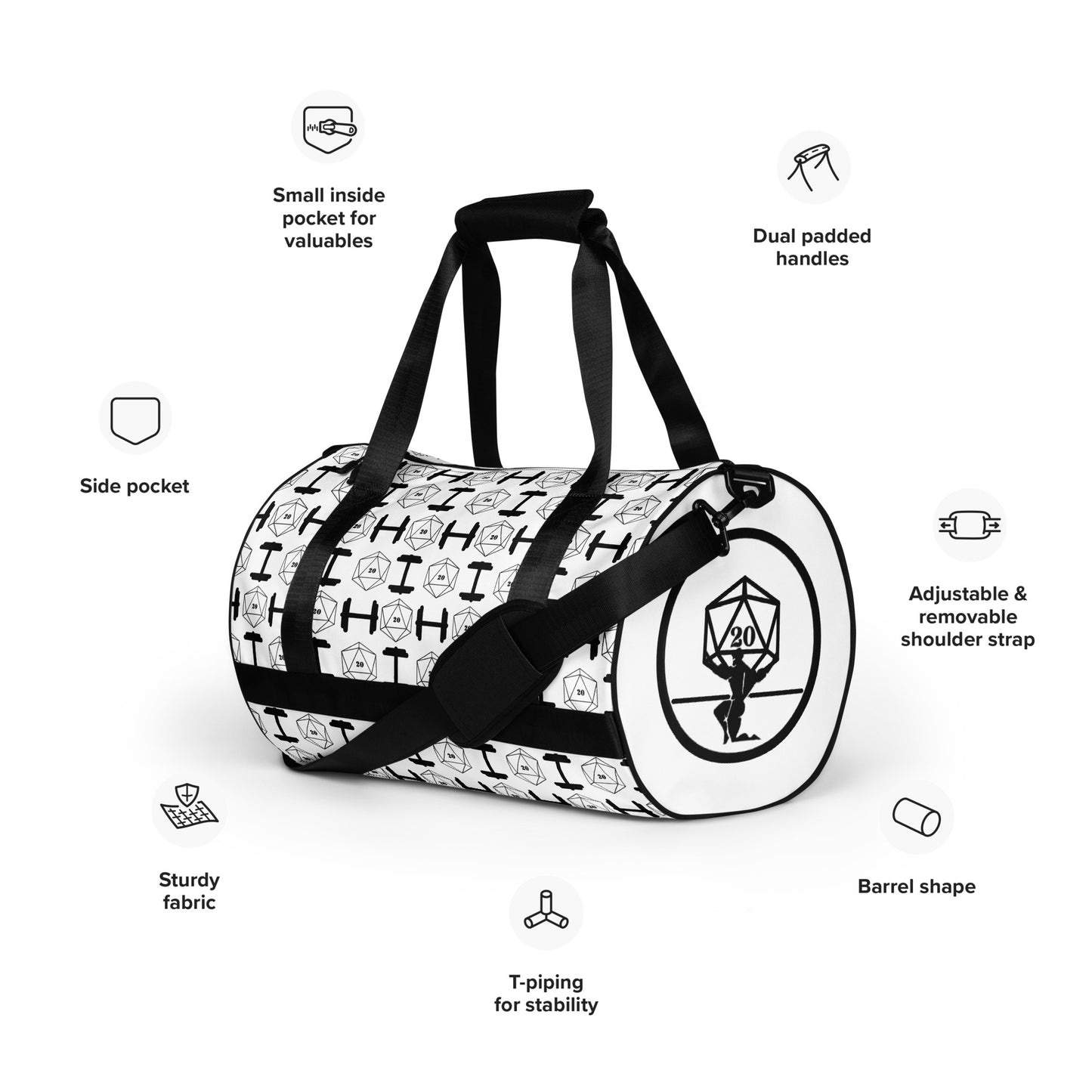 Critical Hit Fitness D20 & Dumbbell Pattern All-over print gym bag