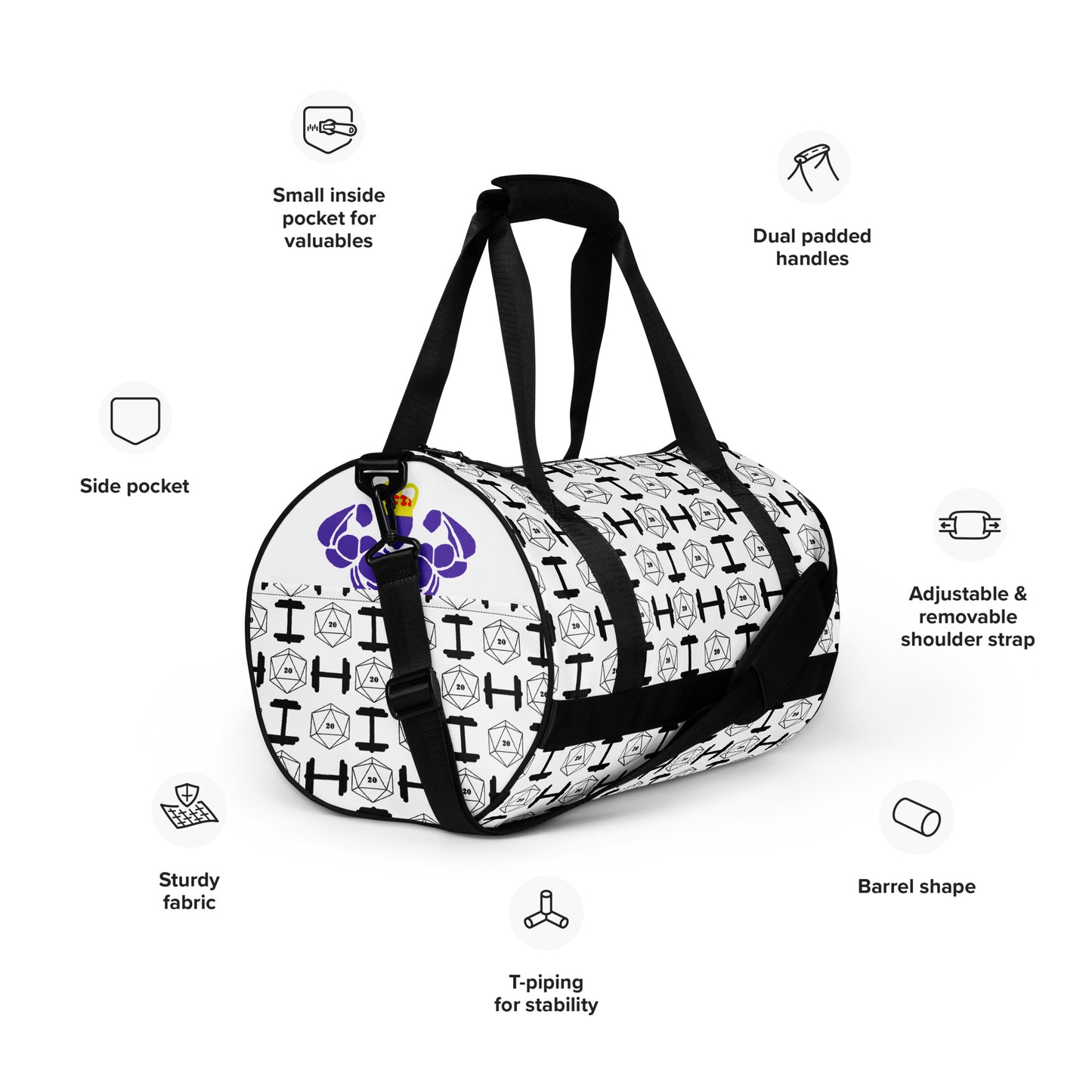 Critical Hit Fitness D20 & Dumbbell Pattern All-over print gym bag
