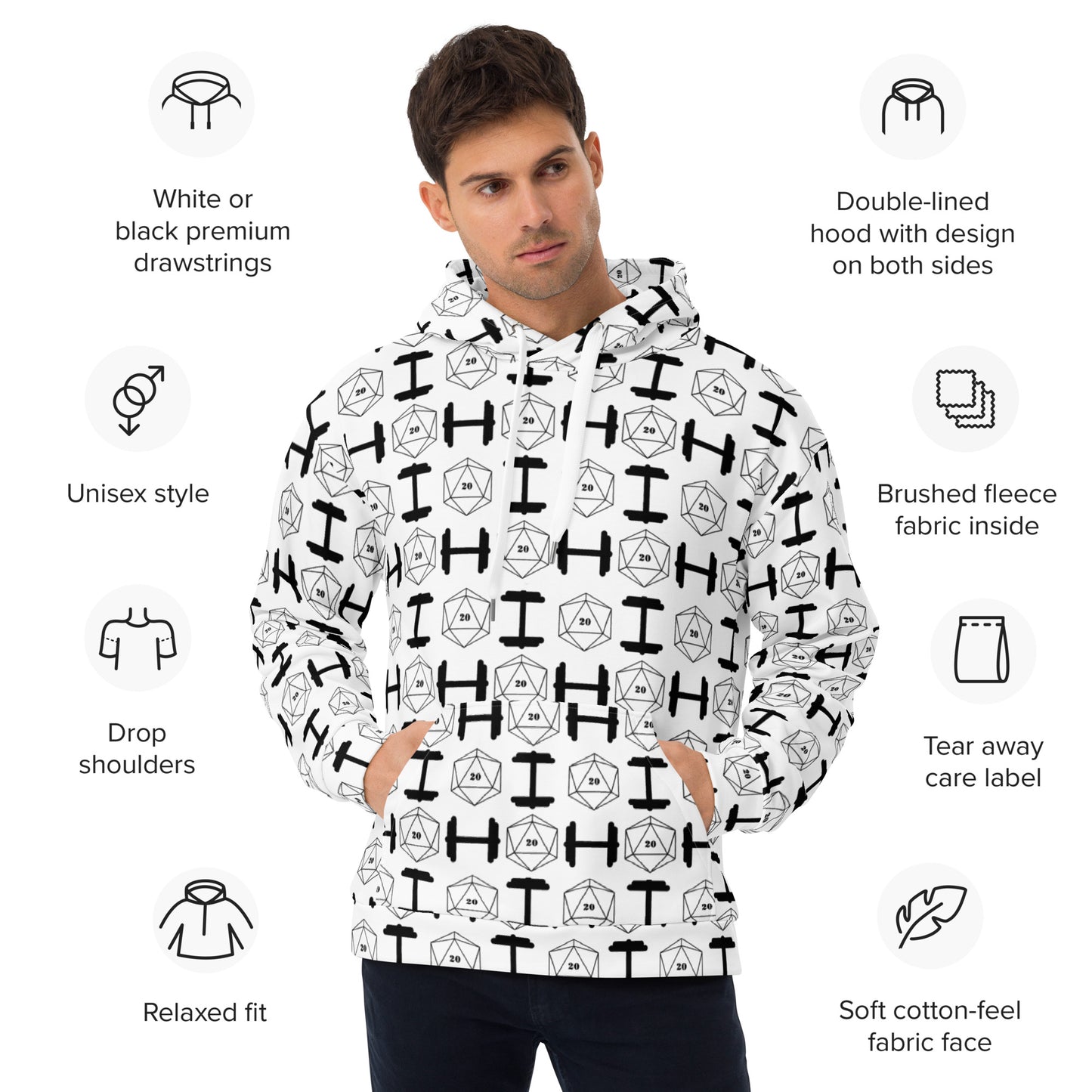 Critical Hit Fitness D20 & Dumbbell Pattern Unisex Hoodie
